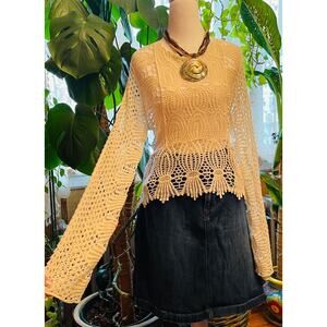 Boho Cottage Core Top Sz L Jeans Skirt L Prairie necklace Granny Chic Spring Set